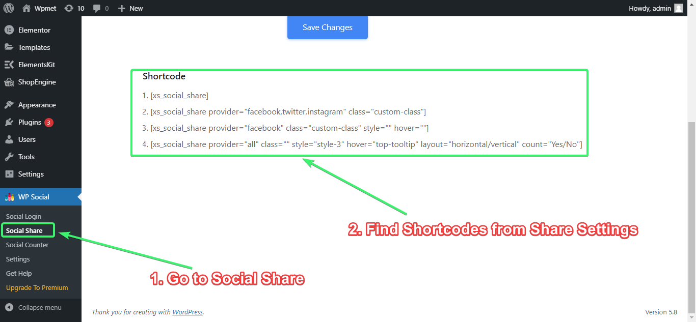 Find Social Share Shortcodes from Share Settings